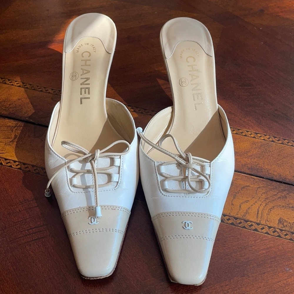 Chanel Beige and White Mules